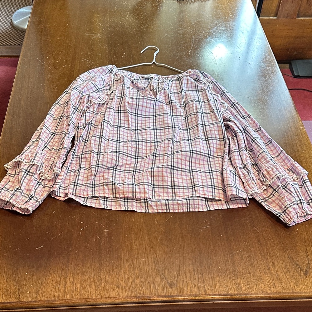 J Crew  Pink Plaid Long Sleeve Blouse with Ruffles